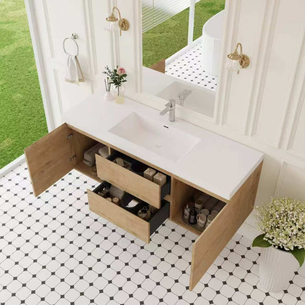 English Elm 60" Floating Wall Mount Bathroom Vanity Solid Resin Basin Soft Close Spa Modern Oak W1573S00115