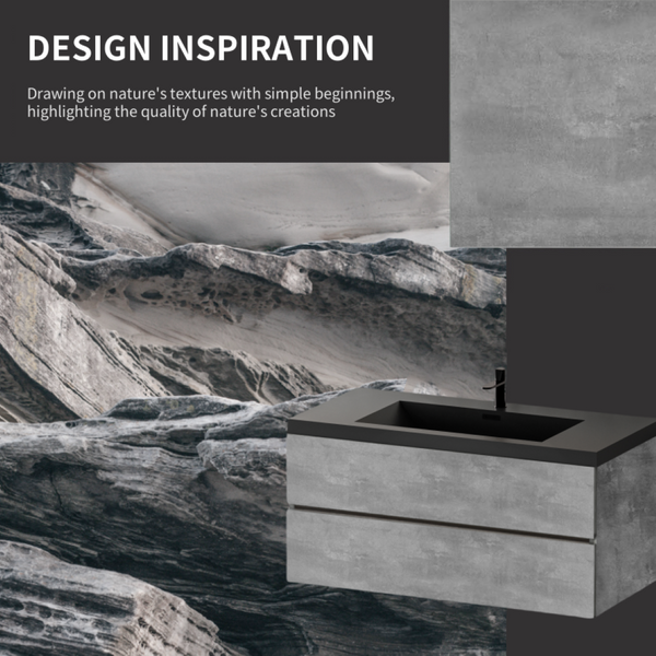 English Elm Floating Cement Grey Bathroom Vanity Quartz Sand Basin Soft Close Drawers Fully Assembled W1573S00116