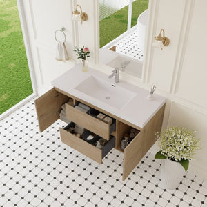 English Elm 48" Floating Bathroom Vanity Natural Oak Wall Mount Resin Sink Soft Close Drawers W1573S00117