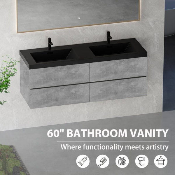 English Elm 60" Double Sink Wall Mounted Bathroom Vanity with Soft Close Drawers Cement Grey W1573S00118