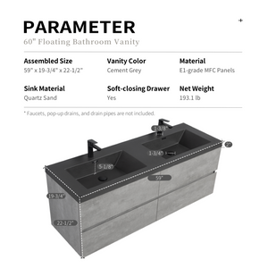 English Elm 60" Double Sink Wall Mounted Bathroom Vanity with Soft Close Drawers Cement Grey W1573S00118