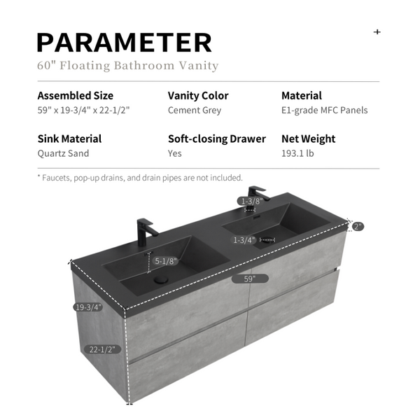 English Elm 60" Double Sink Wall Mounted Bathroom Vanity with Soft Close Drawers Cement Grey W1573S00118