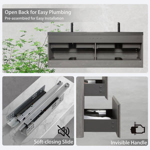 English Elm 60" Double Sink Wall Mounted Bathroom Vanity with Soft Close Drawers Cement Grey W1573S00118