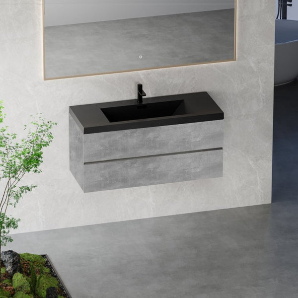 English Elm 48 Inch Wall Mounted Bathroom Vanity Cement Grey Quartz Basin Soft Close Drawers W1573S00120