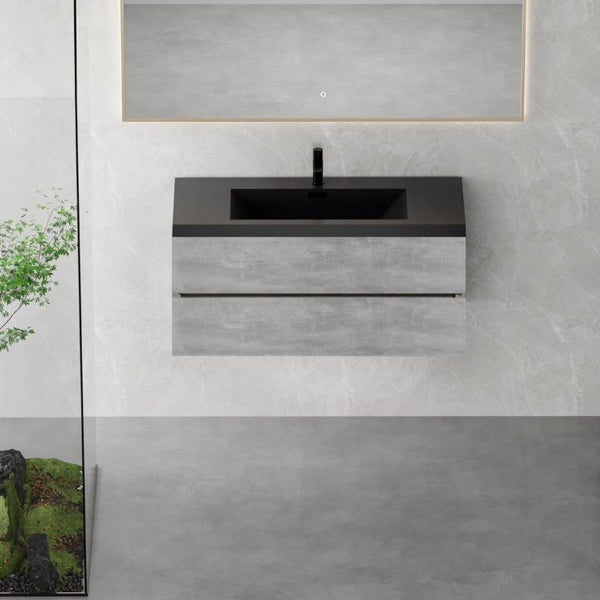 English Elm 48 Inch Wall Mounted Bathroom Vanity Cement Grey Quartz Basin Soft Close Drawers W1573S00120