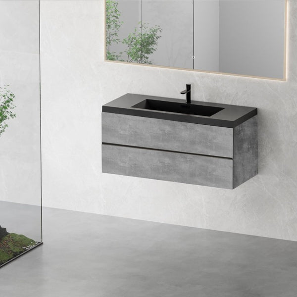 English Elm 48 Inch Wall Mounted Bathroom Vanity Cement Grey Quartz Basin Soft Close Drawers W1573S00120