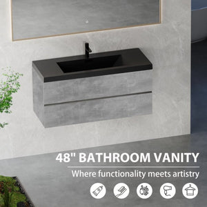 English Elm 48 Inch Wall Mounted Bathroom Vanity Cement Grey Quartz Basin Soft Close Drawers W1573S00120