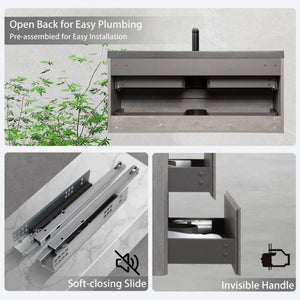English Elm 48 Inch Wall Mounted Bathroom Vanity Cement Grey Quartz Basin Soft Close Drawers W1573S00120