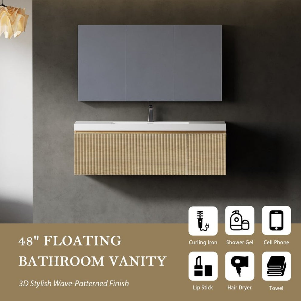 English Elm Floating Oak Fluted Bathroom Vanity with Stone Resin Basin and Soft Close Drawer W1573S00121