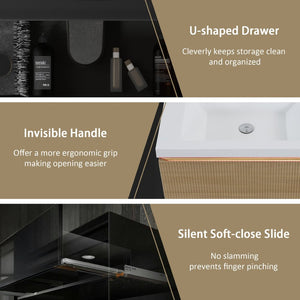 English Elm Floating Oak Fluted Bathroom Vanity with Stone Resin Basin and Soft Close Drawer W1573S00121