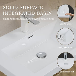 English Elm Floating Oak Fluted Bathroom Vanity with Stone Resin Basin and Soft Close Drawer W1573S00121