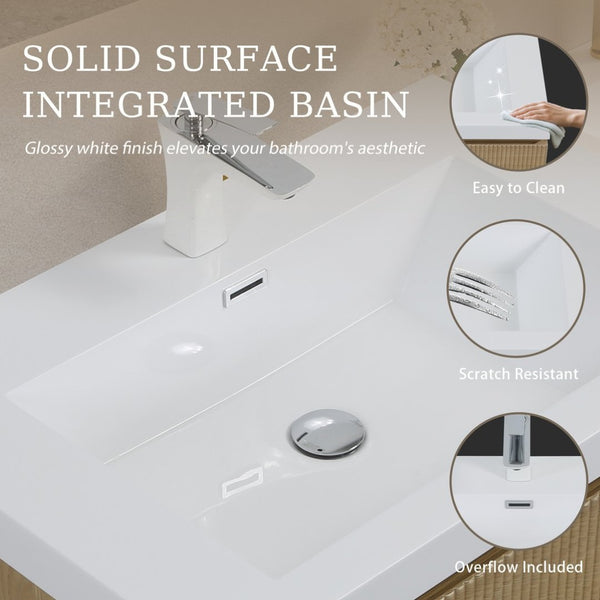 English Elm Floating Oak Fluted Bathroom Vanity with Stone Resin Basin and Soft Close Drawer W1573S00121