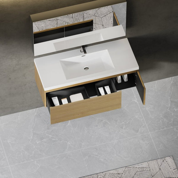 English Elm Floating Oak Fluted Bathroom Vanity with Stone Resin Basin and Soft Close Drawer W1573S00121