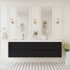 English Elm 72 Inch Wall Mounted Bathroom Vanity Glossy Black Cabinet with Soft Close Drawers Basin W1573S00122