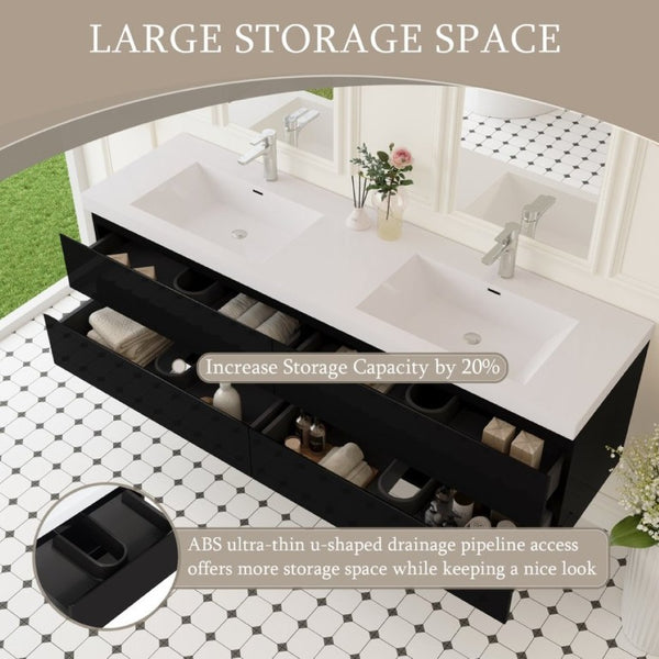 English Elm 72 Inch Wall Mounted Bathroom Vanity Glossy Black Cabinet with Soft Close Drawers Basin W1573S00122