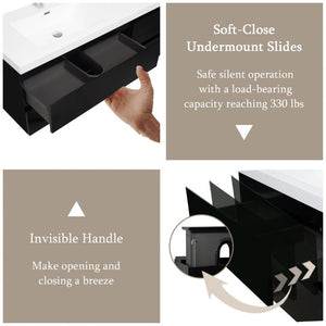 English Elm 72 Inch Wall Mounted Bathroom Vanity Glossy Black Cabinet with Soft Close Drawers Basin W1573S00122
