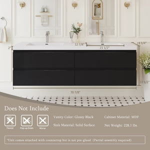 English Elm 72 Inch Wall Mounted Bathroom Vanity Glossy Black Cabinet with Soft Close Drawers Basin W1573S00122