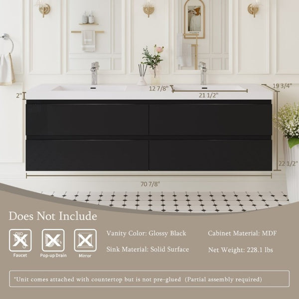 English Elm 72 Inch Wall Mounted Bathroom Vanity Glossy Black Cabinet with Soft Close Drawers Basin W1573S00122