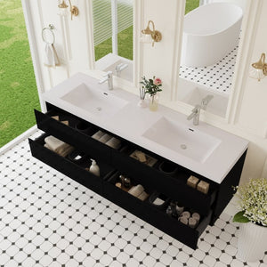 English Elm 72 Inch Wall Mounted Bathroom Vanity Glossy Black Cabinet with Soft Close Drawers Basin W1573S00122