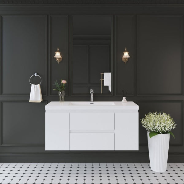 English Elm 48 Inch Wall Mounted Bathroom Vanity Glossy White Integrated Resin Basin Soft Close W1573S00123