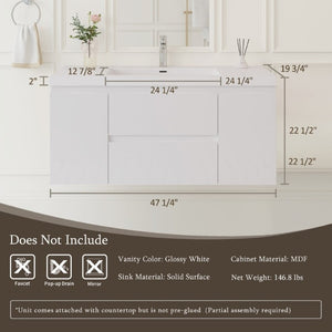 English Elm 48 Inch Wall Mounted Bathroom Vanity Glossy White Integrated Resin Basin Soft Close W1573S00123
