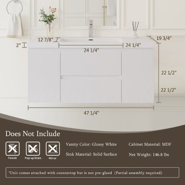 English Elm 48 Inch Wall Mounted Bathroom Vanity Glossy White Integrated Resin Basin Soft Close W1573S00123