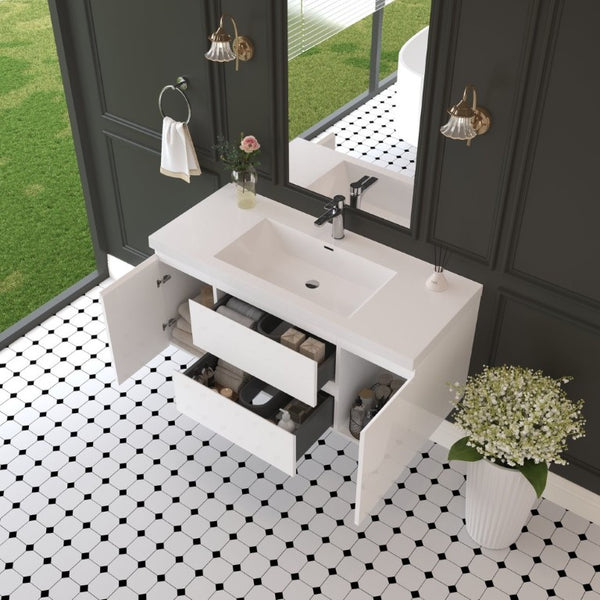 English Elm 48 Inch Wall Mounted Bathroom Vanity Glossy White Integrated Resin Basin Soft Close W1573S00123