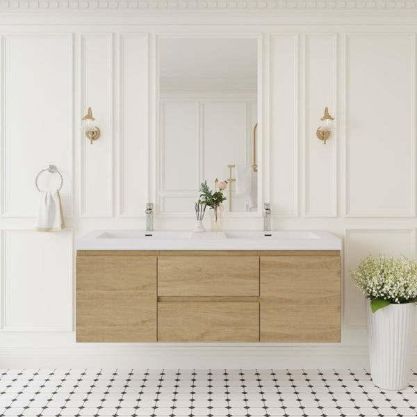 English Elm 60 Inch Floating Double Sink Bathroom Vanity Natural Oak Wall Mounted Soft Close Cabinet W1573S00124