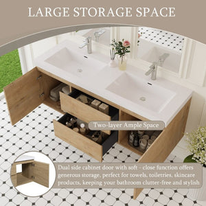 English Elm 60 Inch Floating Double Sink Bathroom Vanity Natural Oak Wall Mounted Soft Close Cabinet W1573S00124