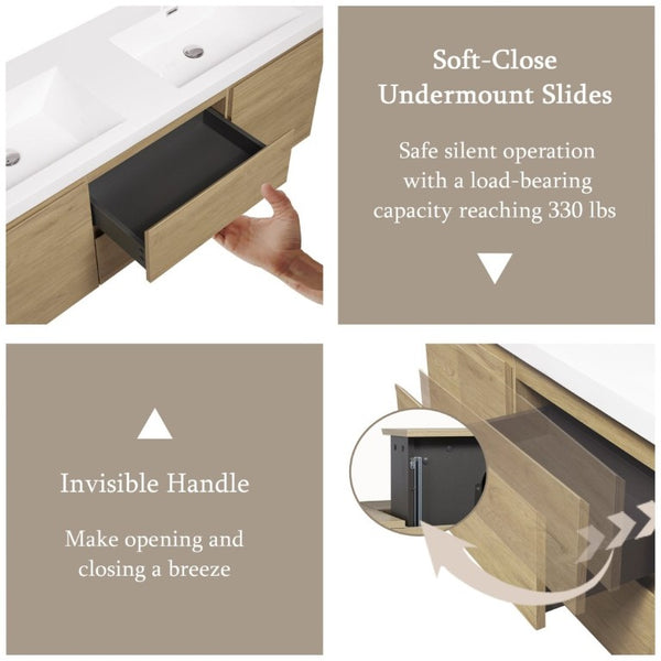 English Elm 60 Inch Floating Double Sink Bathroom Vanity Natural Oak Wall Mounted Soft Close Cabinet W1573S00124