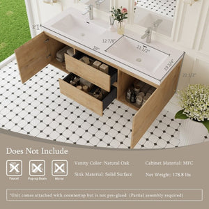 English Elm 60 Inch Floating Double Sink Bathroom Vanity Natural Oak Wall Mounted Soft Close Cabinet W1573S00124
