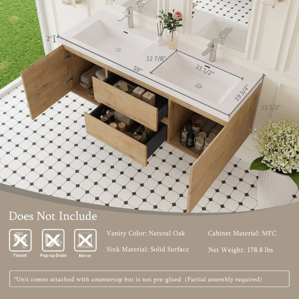 English Elm 60 Inch Floating Double Sink Bathroom Vanity Natural Oak Wall Mounted Soft Close Cabinet W1573S00124