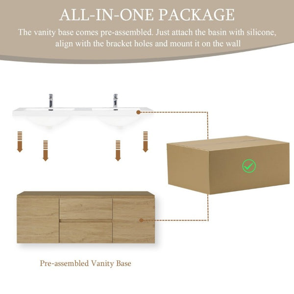 English Elm 60 Inch Floating Double Sink Bathroom Vanity Natural Oak Wall Mounted Soft Close Cabinet W1573S00124