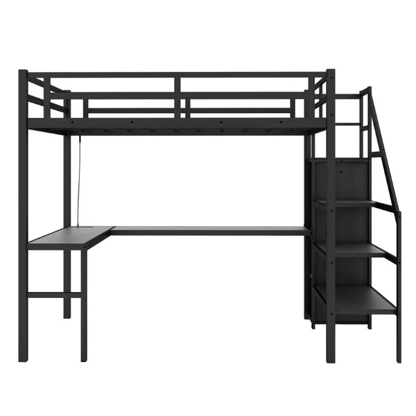 English Elm W00063aab-1 Twin XL Steel Loft Bed with Wardrobe Desk Stair Storage USB and LED W1580P191782