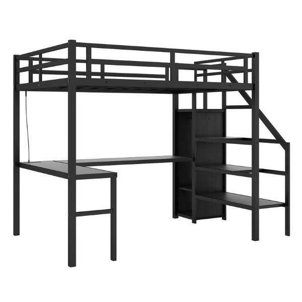 English Elm W00063aab-2 Twin XL Metal Loft Bed with Wardrobe Desk USB Charging and LED Lights W1580P191783