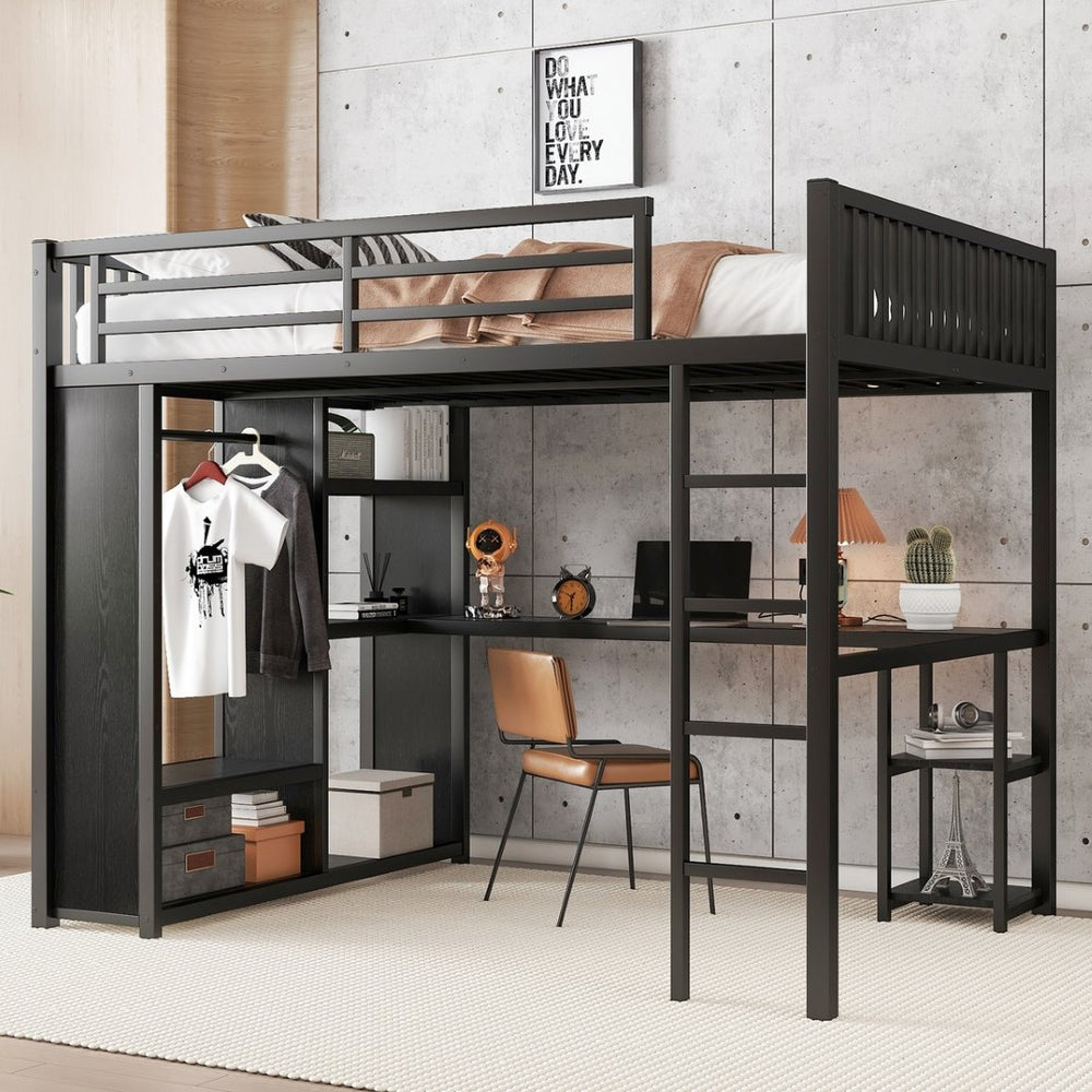 English Elm Queen Metal Loft Bed with Wardrobe Desk and Shelving for Studio or Teen Bedroom W1580P276705