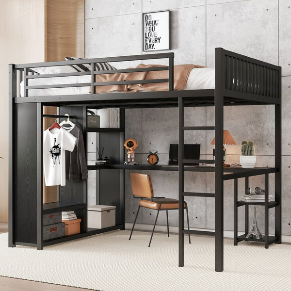 English Elm Queen Metal Loft Bed with Wardrobe Desk and Shelving for Studio or Teen Bedroom W1580P276705