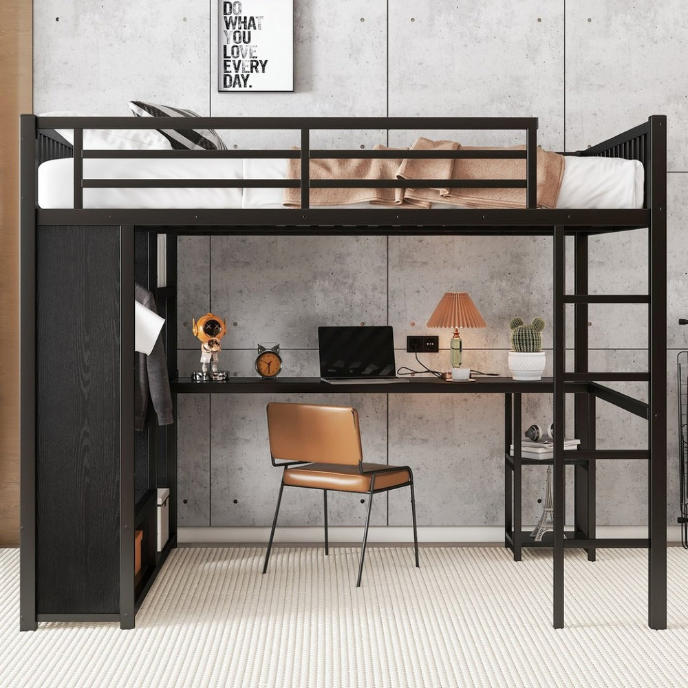 English Elm Queen Metal Loft Bed with Wardrobe Desk and Shelving for Studio or Teen Bedroom W1580P276705