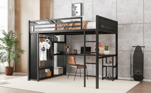 English Elm Queen Metal Loft Bed with Wardrobe Desk and Shelving for Studio or Teen Bedroom W1580P276705