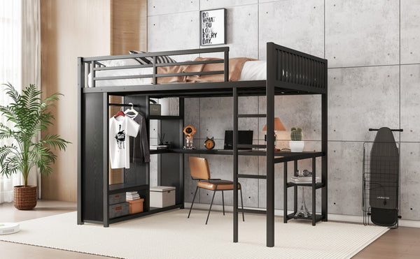 English Elm Queen Metal Loft Bed with Wardrobe Desk and Shelving for Studio or Teen Bedroom W1580P276705