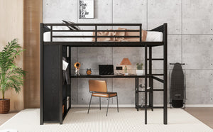 English Elm Queen Metal Loft Bed with Wardrobe Desk and Shelving for Studio or Teen Bedroom W1580P276705