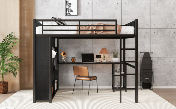 English Elm Queen Metal Loft Bed with Wardrobe Desk and Shelving for Studio or Teen Bedroom W1580P276705