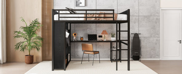 English Elm Queen Metal Loft Bed with Wardrobe Desk and Shelving for Studio or Teen Bedroom W1580P276705