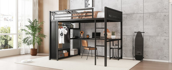 English Elm Queen Metal Loft Bed with Wardrobe Desk and Shelving for Studio or Teen Bedroom W1580P276705