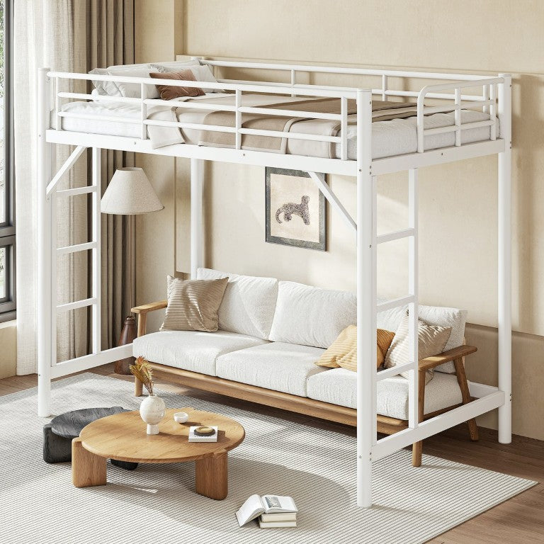 English Elm Twin XL Metal Loft Bed with Guardrails and Dual Ladders for Dorm or Teen Room W1580P455014