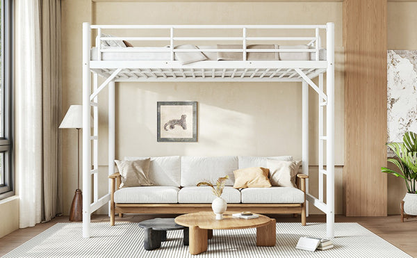 English Elm Twin XL Metal Loft Bed with Guardrails and Dual Ladders for Dorm or Teen Room W1580P455014