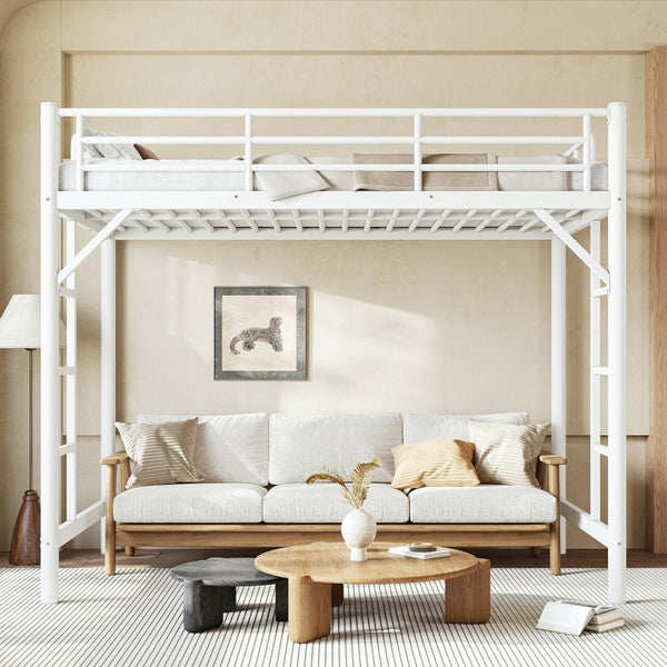 English Elm Twin XL Metal Loft Bed with Guardrails and Dual Ladders for Dorm or Teen Room W1580P455014
