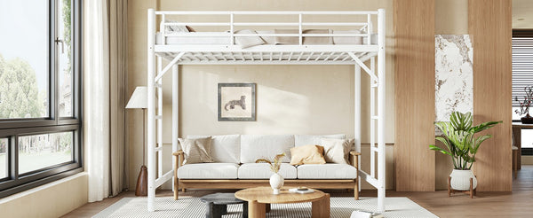 English Elm Twin XL Metal Loft Bed with Guardrails and Dual Ladders for Dorm or Teen Room W1580P455014