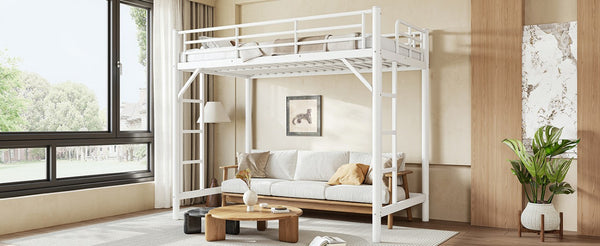English Elm Twin XL Metal Loft Bed with Guardrails and Dual Ladders for Dorm or Teen Room W1580P455014