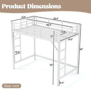 English Elm Twin XL Metal Loft Bed with Guardrails and Dual Ladders for Dorm or Teen Room W1580P455014